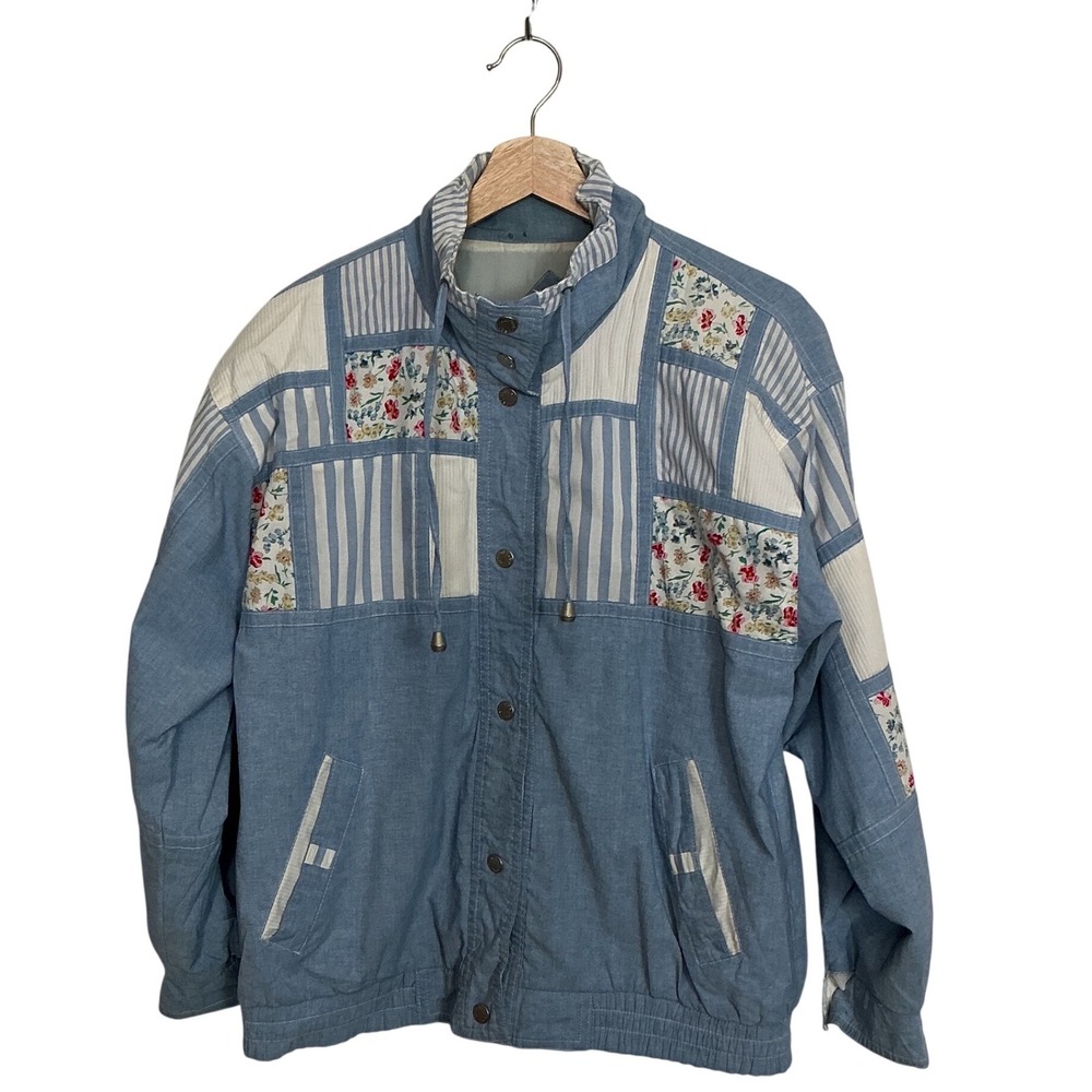 Vintage Current Seen Floral Stripes Patchwork Small Jacket Blue Boho Cottage
